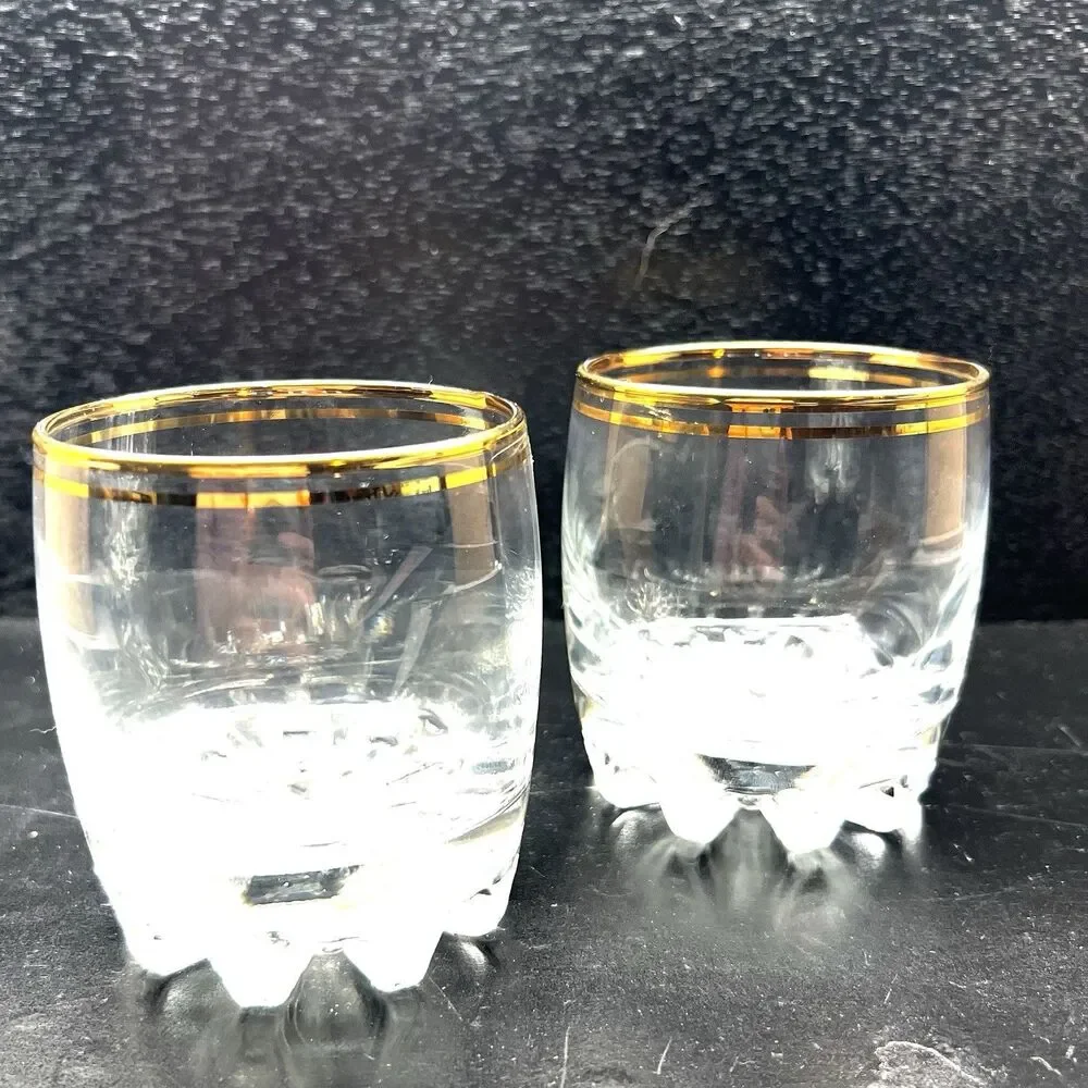 Vintage MCM Old Fashion Rocks Whiskey Glasses Gold Rim Set 2